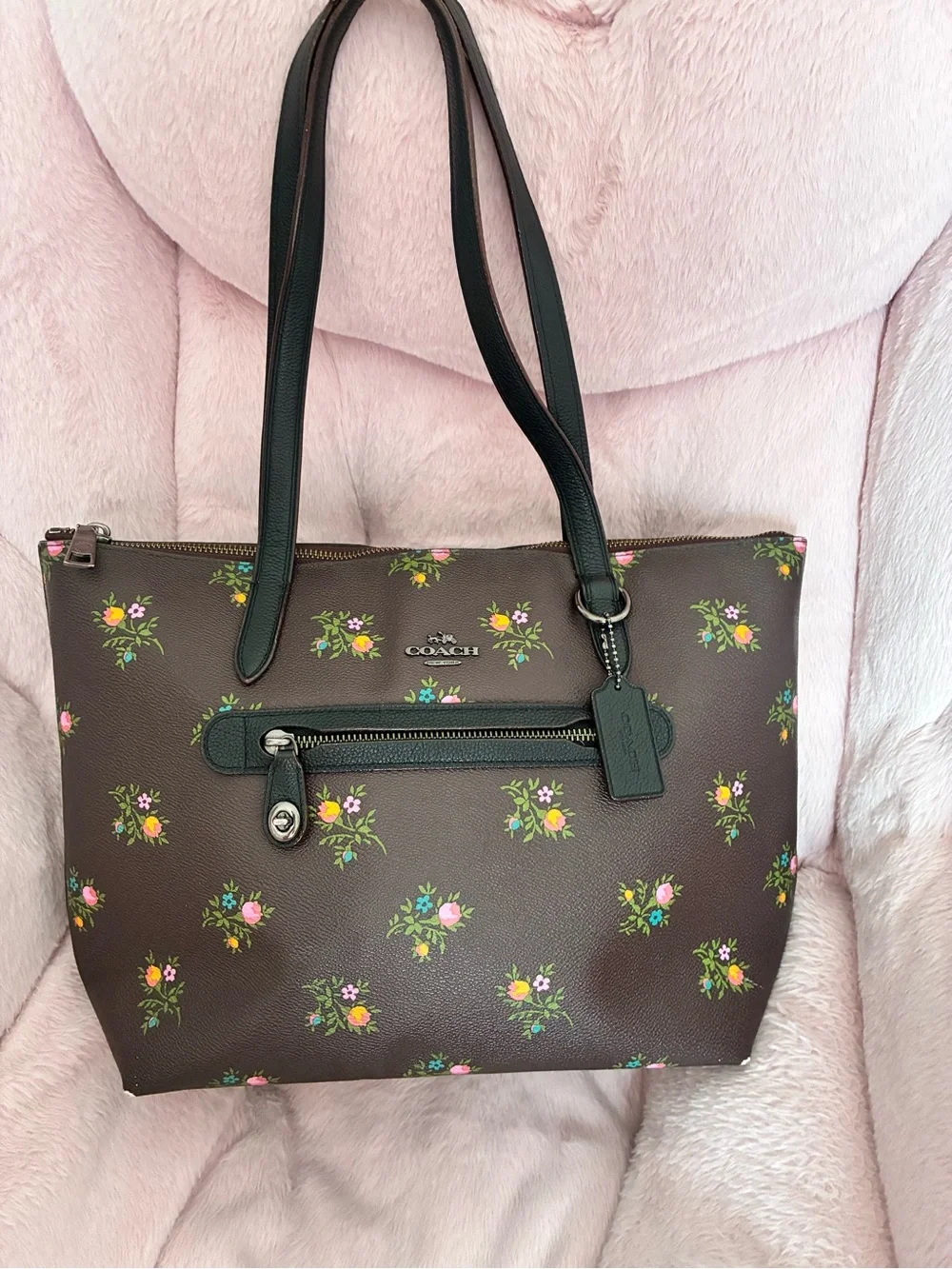 Coach Brown Floral Tote with Black Straps